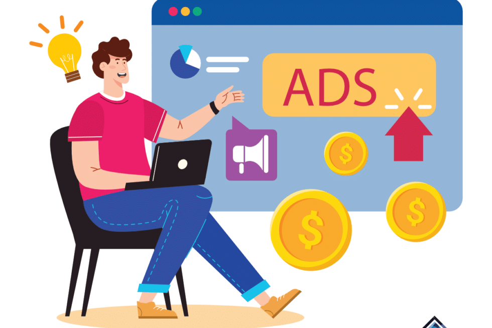 Flat concept drawing of a marketer writing ads