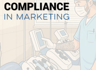 hipaa-compliance-in-marketing Cartoon Image of a medical professional surrounded by medical technology with the words over-top "HIPAA compliance in marketing".