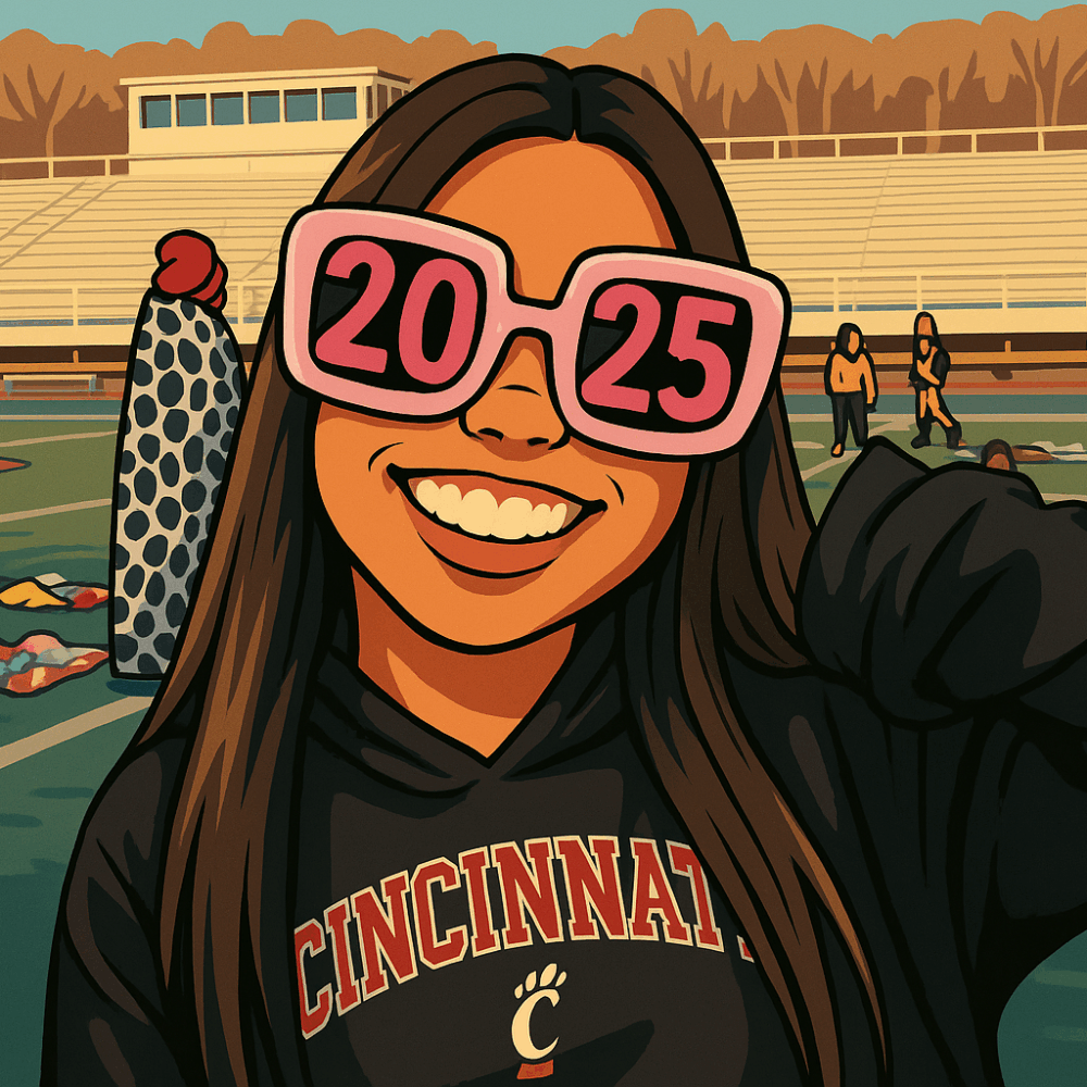 Cartoon image of Luci wearing a Cincinnati BearCat hoodie and 2025 sunglasses.