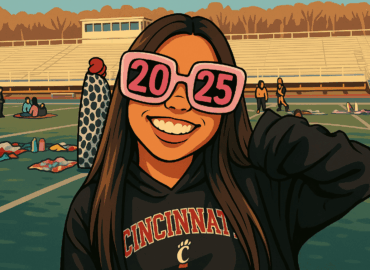 senior-experience-luci Cartoon image of Luci wearing a Cincinnati BearCat hoodie and 2025 sunglasses.